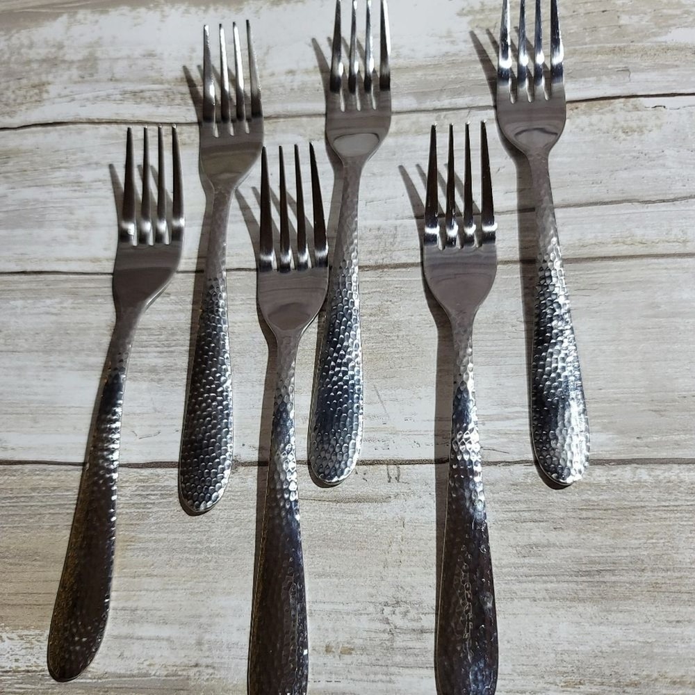 Cambridge Hammered Stainless Steel Forks Set of 6 Silver Modern Rustic Flatware